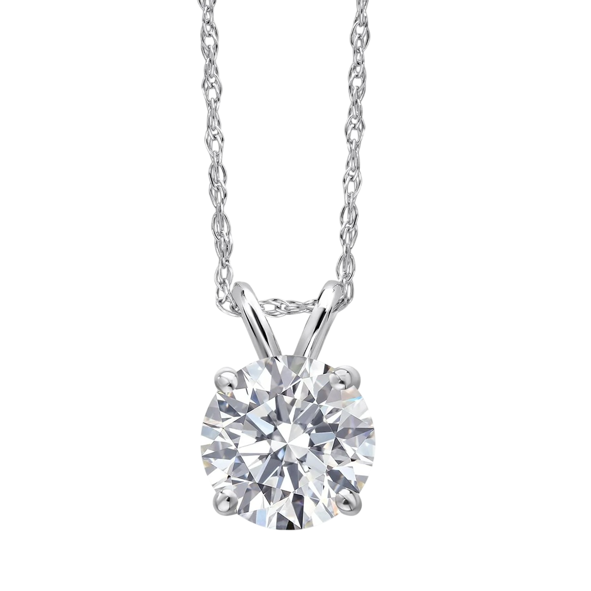 A silver chain necklace featuring a round brilliant-cut diamond set in a four-prong mounting.