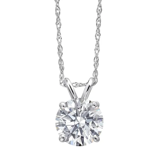 A silver chain necklace featuring a round brilliant-cut diamond set in a four-prong mounting.