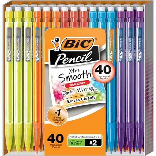A pack of 40 BIC mechanical pencils in bright colors including orange, green, blue, and purple, labeled Xtra Smooth with 0.7 mm lead.