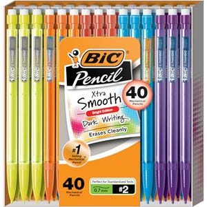 A pack of 40 BIC mechanical pencils in bright colors including orange, green, blue, and purple, labeled Xtra Smooth with 0.7 mm lead.