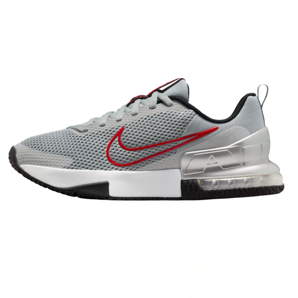 Gray Nike sneaker with a mesh upper, red Swoosh, and visible Air cushioning in the heel.