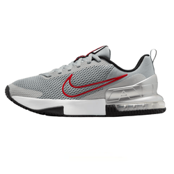 Gray Nike sneaker with a mesh upper, red Swoosh, and visible Air cushioning in the heel.