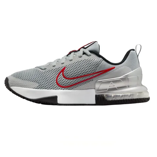 Gray Nike sneaker with a mesh upper, red Swoosh, and visible Air cushioning in the heel.