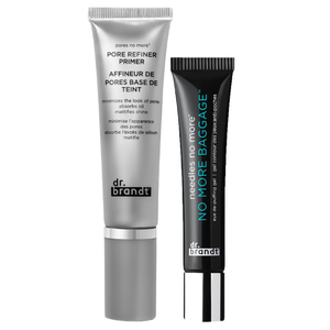 Two skincare products: Dr. Brandt Pore Refiner Primer minimizes pores and mattifies shine, and Dr. Brandt Needles No More No More Baggage gel reduces puffiness around the eyes.