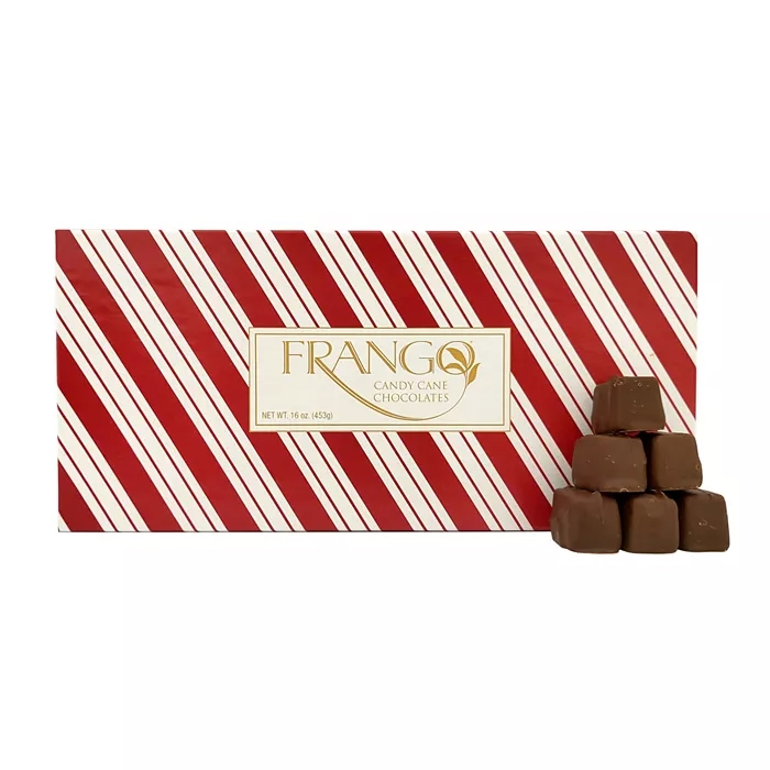 Frango Candy Cane Chocolates come in a 1 lb (453g) box with a red and white striped design. The chocolates are square-shaped and stacked beside the box.