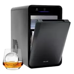 A sleek, black NewAir countertop ice maker with a top-opening lid is shown next to a glass of whiskey with a clear ice sphere.