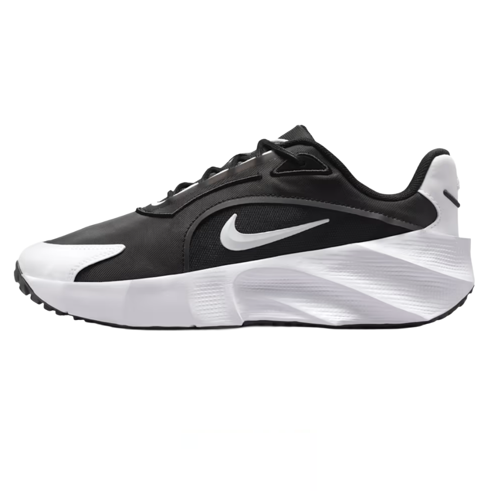 Black and white Nike athletic shoe featuring a sleek design, prominent swoosh logo, and cushioned sole.