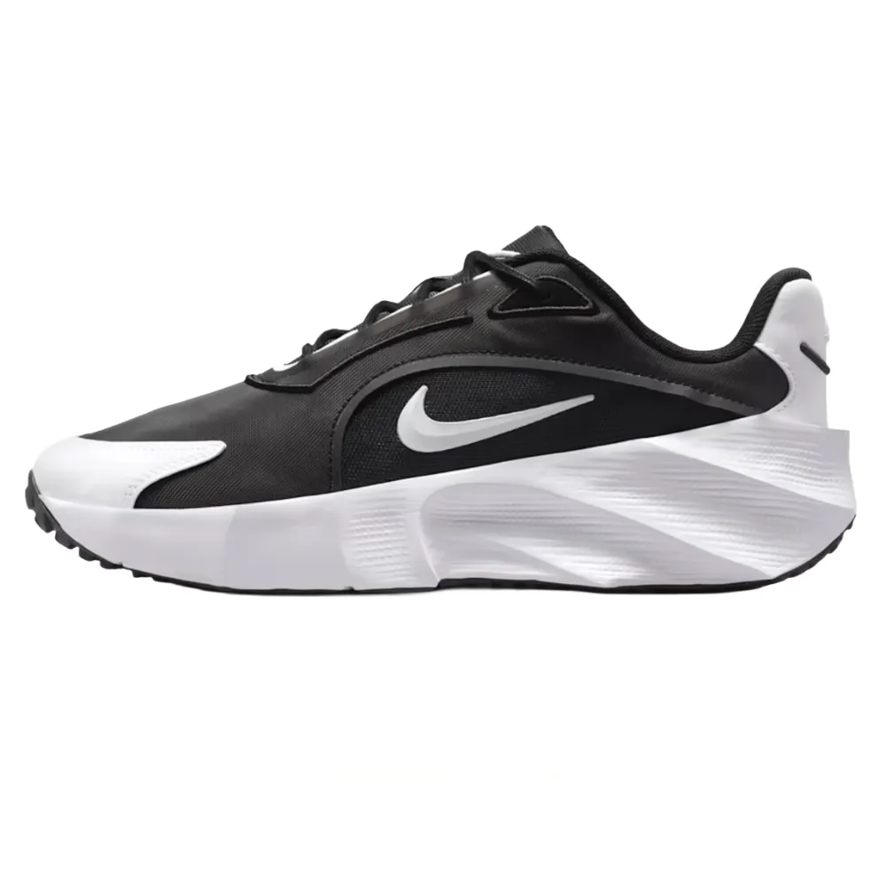 Black and white Nike athletic shoe featuring a sleek design, prominent swoosh logo, and cushioned sole.