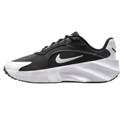 Black and white Nike athletic shoe featuring a sleek design, prominent swoosh logo, and cushioned sole.