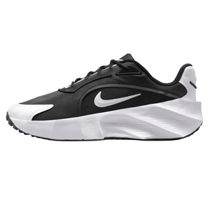Black and white Nike athletic shoe featuring a sleek design, prominent swoosh logo, and cushioned sole.