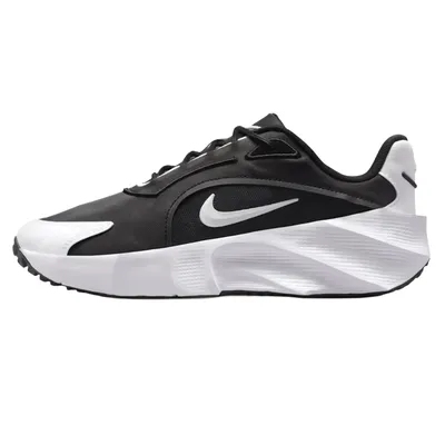 Black and white Nike athletic shoe featuring a sleek design, prominent swoosh logo, and cushioned sole.