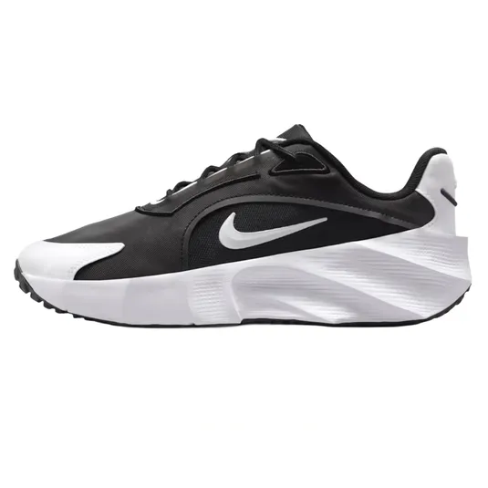 Black and white Nike athletic shoe featuring a sleek design, prominent swoosh logo, and cushioned sole.