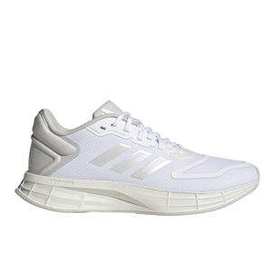 White athletic sneaker with a cushioned sole and three silver stripes on the side, set against a plain background.