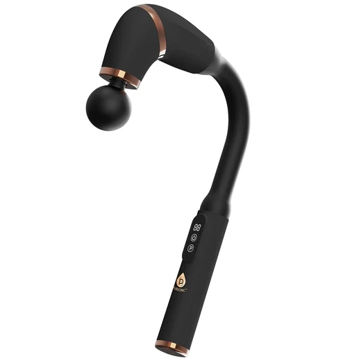 A black and gold handheld massager with a curved handle and a rounded massage head, featuring three control buttons on the handle.