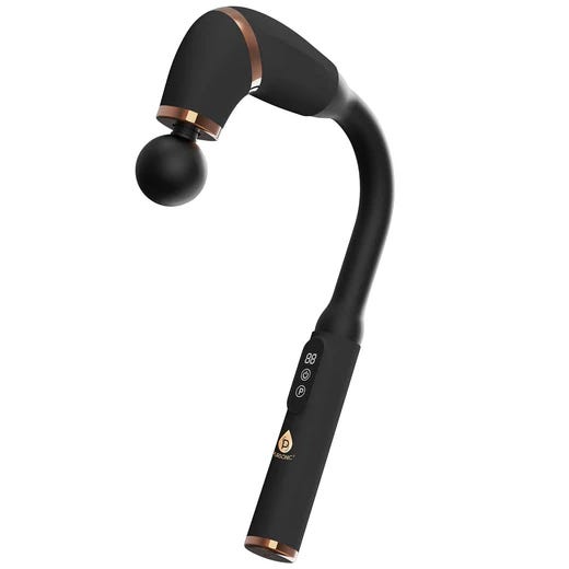 A black and gold handheld massager with a curved handle and a rounded massage head, featuring three control buttons on the handle.