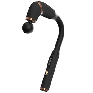 A black and gold handheld massager with a curved handle and a rounded massage head, featuring three control buttons on the handle.