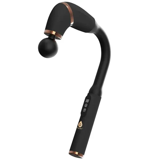 A black and gold handheld massager with a curved handle and a rounded massage head, featuring three control buttons on the handle.