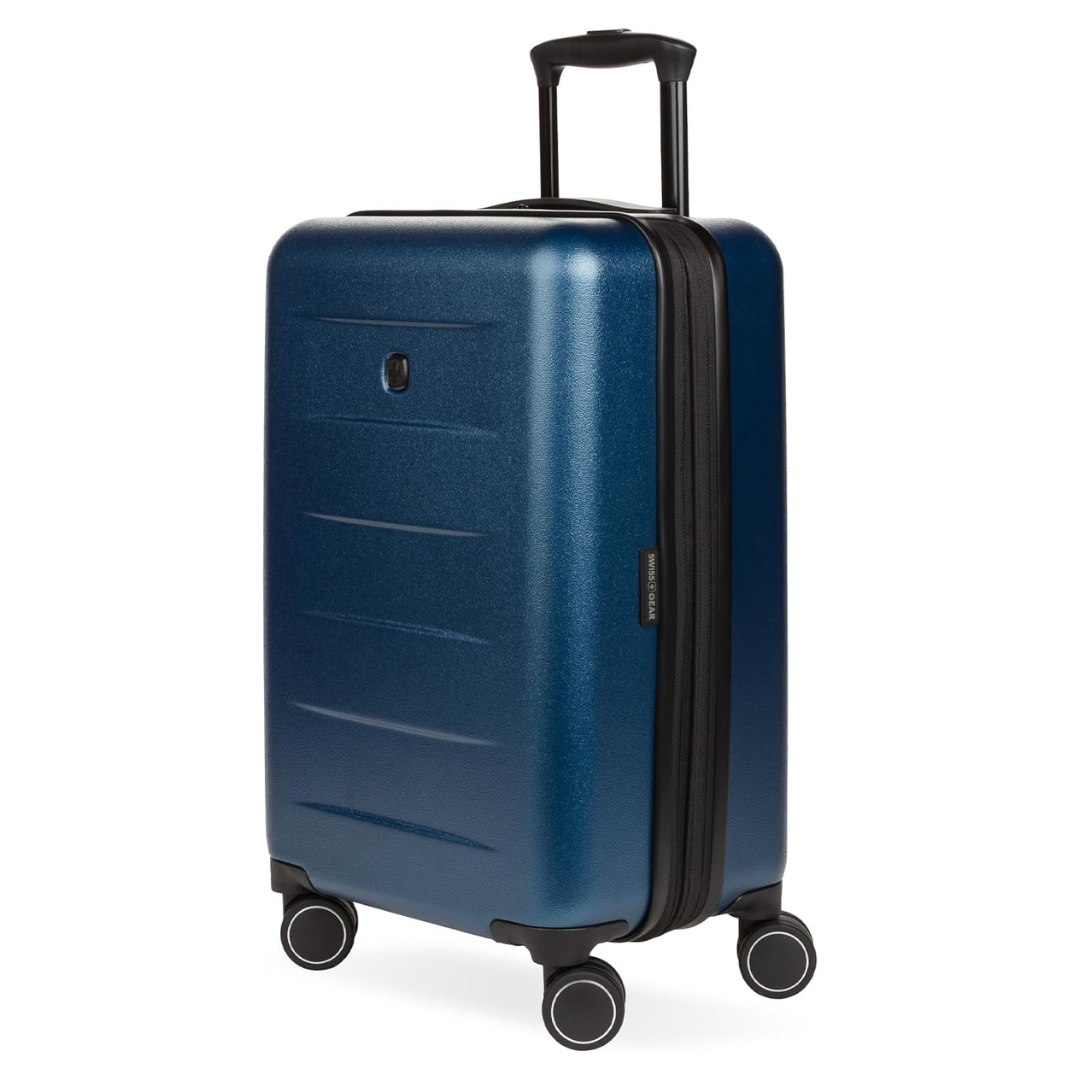 A blue SwissGear Hardside Carry-On features a sleek, textured surface with four smooth-rolling wheels, a retractable handle, and a zippered closure.