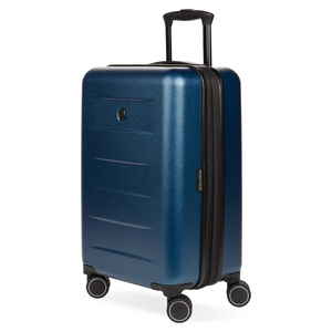 A blue SwissGear Hardside Carry-On features a sleek, textured surface with four smooth-rolling wheels, a retractable handle, and a zippered closure.