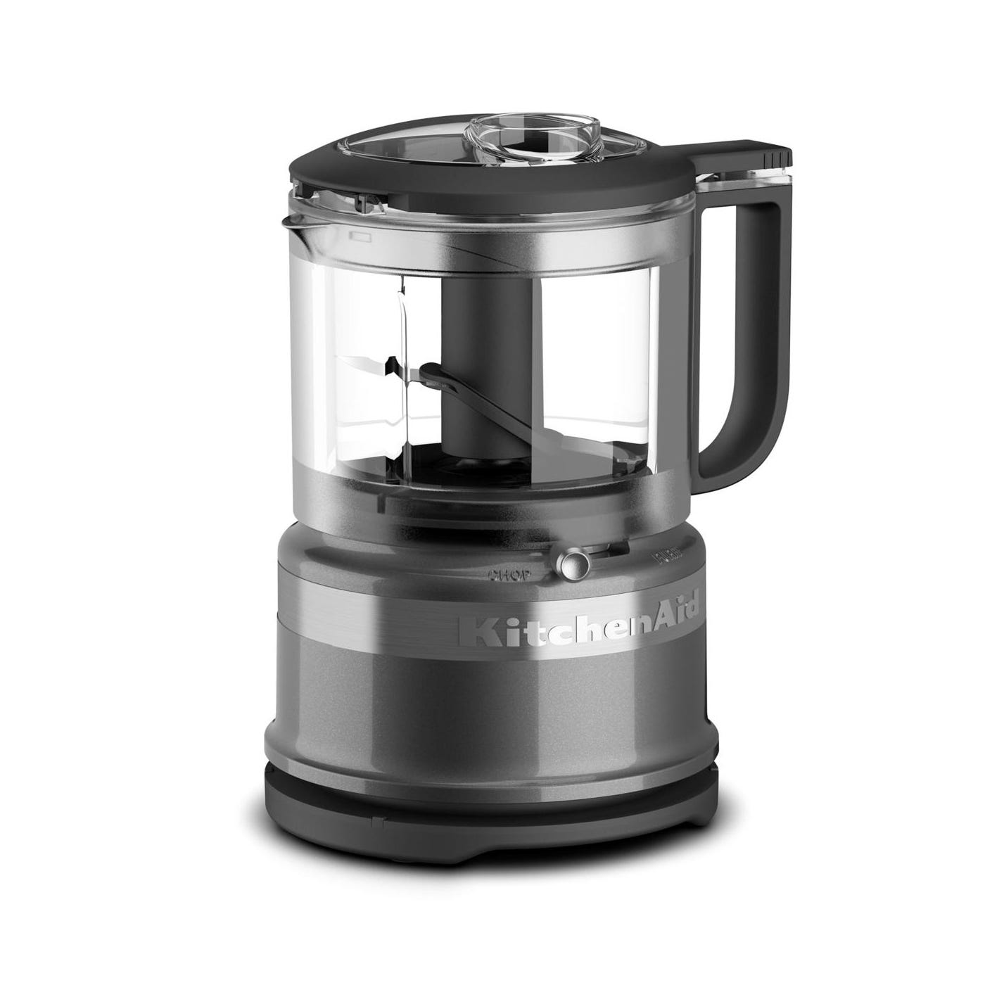 KitchenAid Food Chopper in a sleek, metallic design with a sturdy handle and a clear bowl, equipped with a chopping blade for efficient processing.