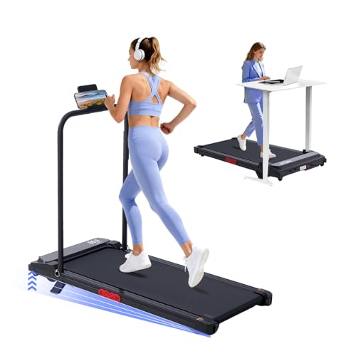 Foldable treadmill for exercise with a tablet holder and handrail, shown in use by a woman running. A second image shows it as a walking desk treadmill, paired with a standing desk.