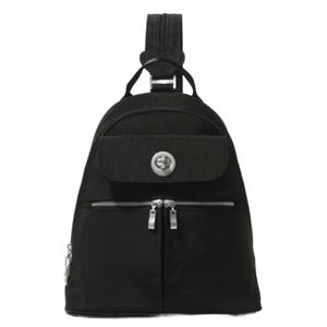 A black sling backpack with a top flap featuring a silver turn-lock closure and a front zipper pocket with dual zippers.
