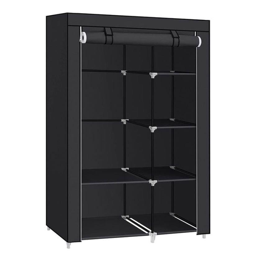 Black portable wardrobe with a curtain front, metal hanging rods, and multiple storage compartments.