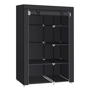 Black portable wardrobe with a curtain front, metal hanging rods, and multiple storage compartments.