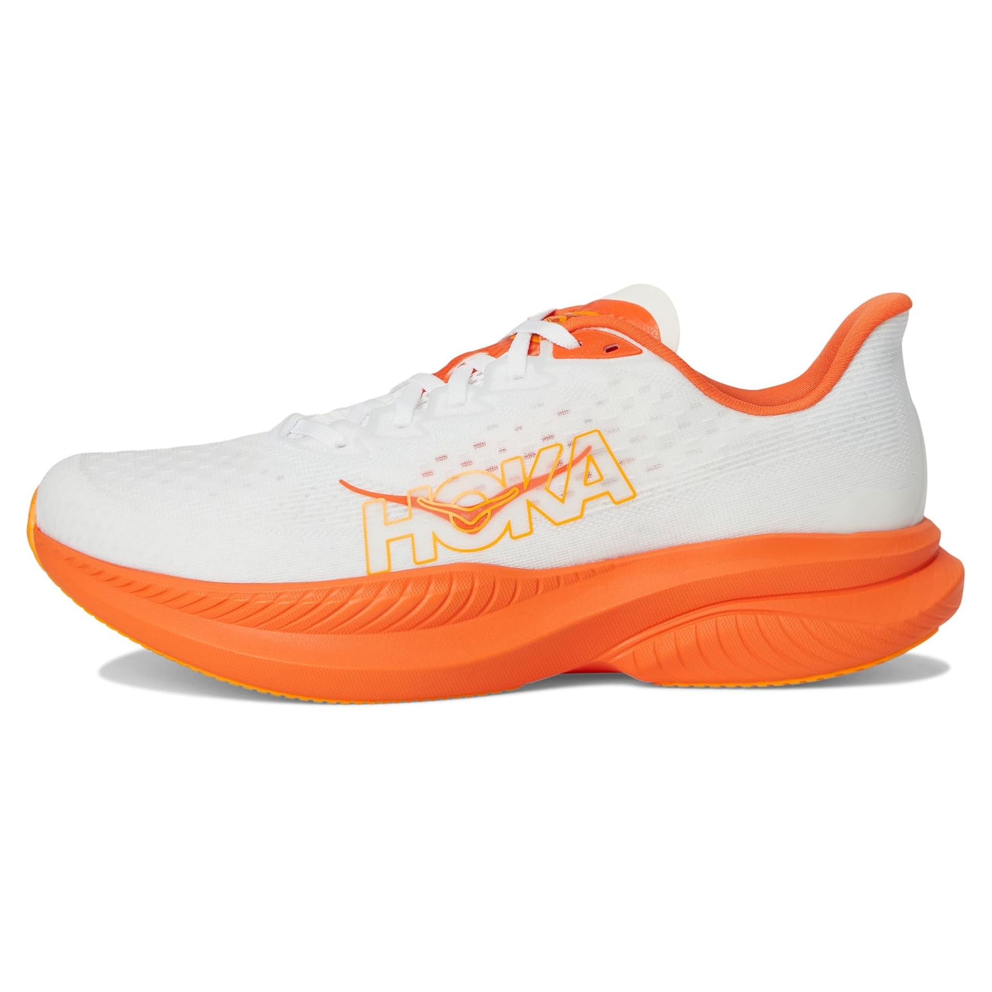 Hoka Men's Mach 6 Shoes feature a white upper with orange accents and branding, complemented by a thick, cushioned orange sole for comfort and support.