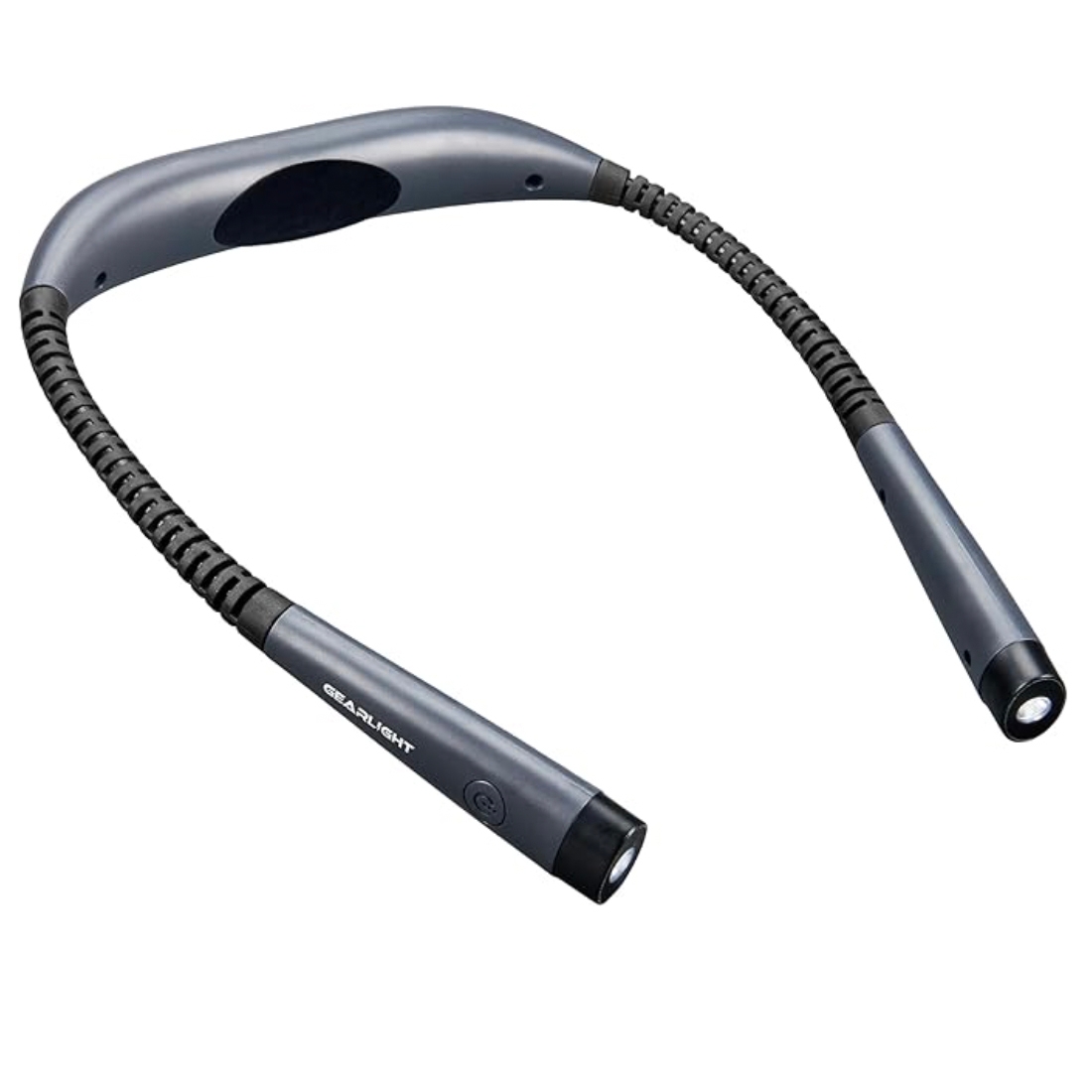 Wearable book light with flexible arms and built-in LED lights designed to hang around the neck for hands-free reading.