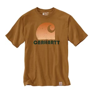 Brown Carhartt t-shirt featuring a retro-style logo in orange and green on the front, with a small Carhartt tag at the bottom hem.