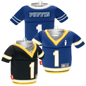 Three can coolers designed as mini sports jerseys in blue and black, each with the number \“1\“, one featuring \“PUFFIN\“ on the back.