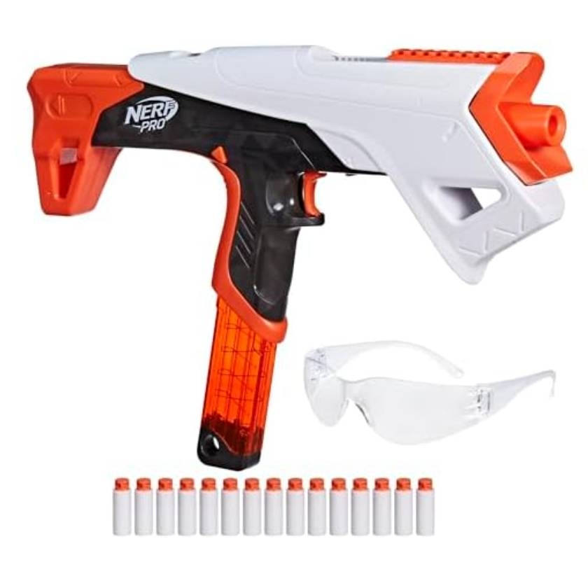 Nerf Pro Torrent Blaster features a sleek design with black, white, and orange colors, includes safety goggles and 15 foam darts.