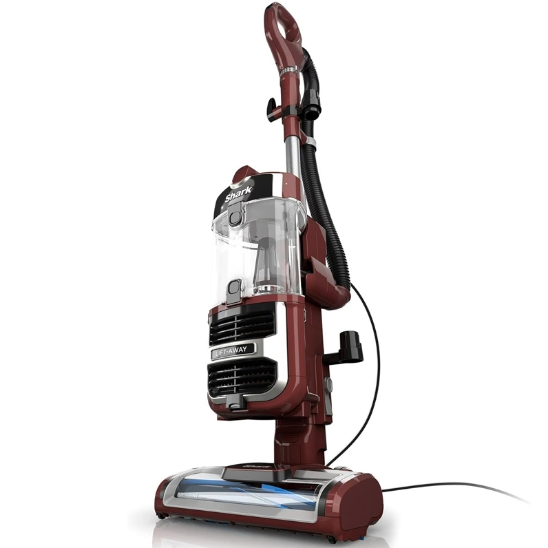 Shark Navigator Lift-Away vacuum cleaner in deep red with a detachable canister and swivel steering for versatile cleaning.