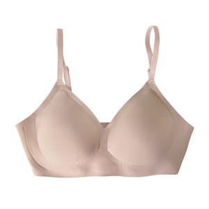 A nude, seamless bra with adjustable straps and molded cups, designed for comfort and support.
