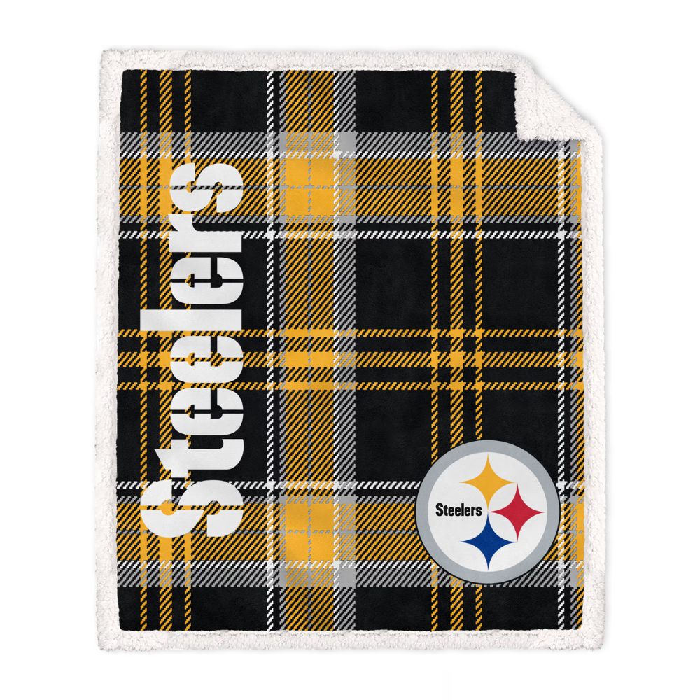 A plaid blanket featuring black, yellow, and white colors with the word \“Steelers\“ and the team's logo in one corner.