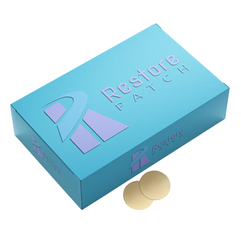 A blue box labeled \“Restore Patch\“ with a purple logo contains circular adhesive patches, likely designed for therapeutic or cosmetic use.
