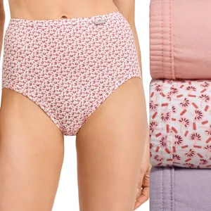 Women's high-waisted underwear with a pink floral pattern, accompanied by three folded pairs in solid pink, floral, and lavender colors.