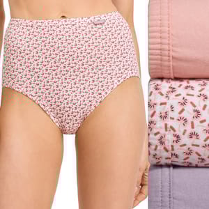 Women's high-waisted underwear with a pink floral pattern, accompanied by three folded pairs in solid pink, floral, and lavender colors.