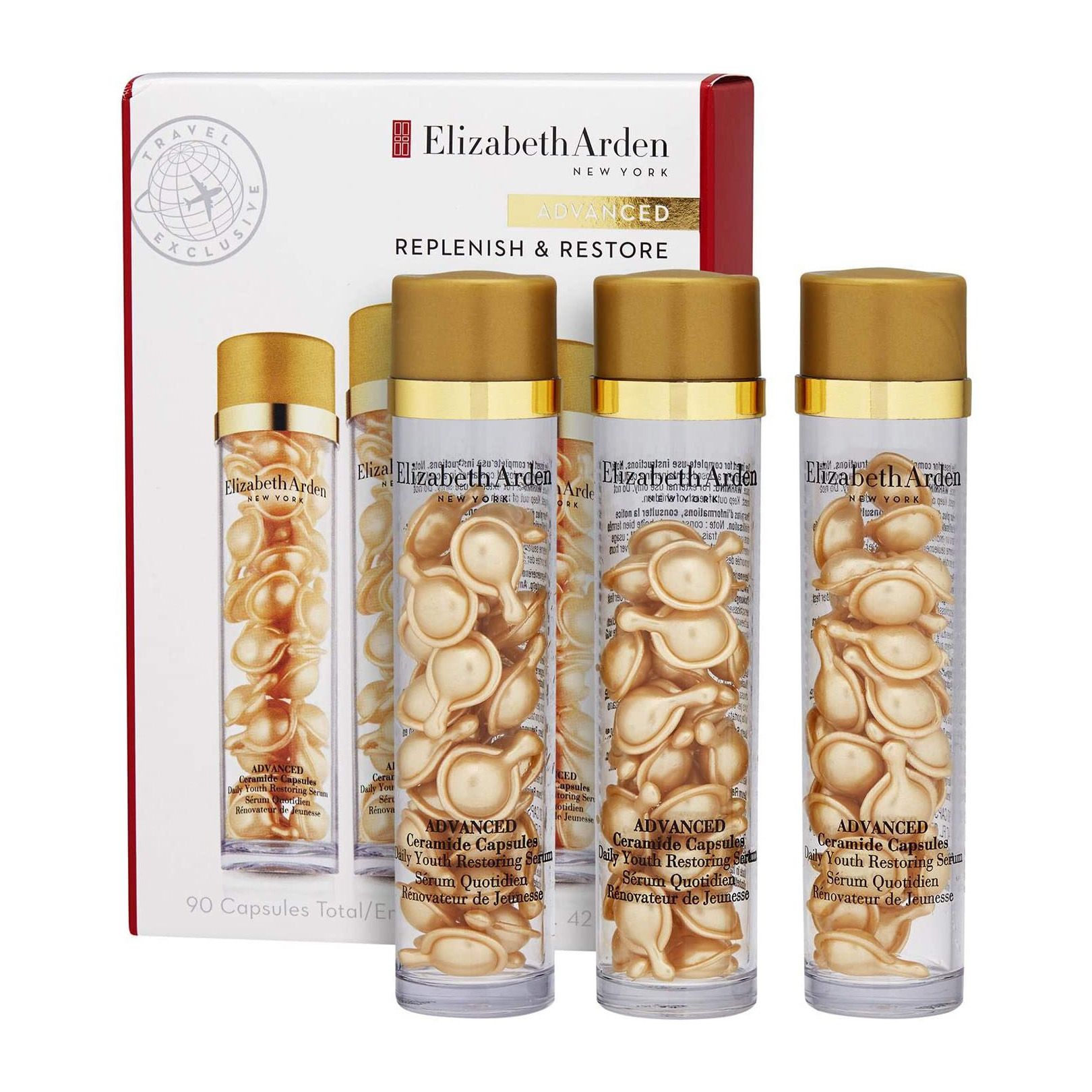 Three bottles of Elizabeth Arden Ceramide Capsules are displayed, each containing numerous small, golden, capsule-shaped skincare serum beads, with accompanying outer packaging.