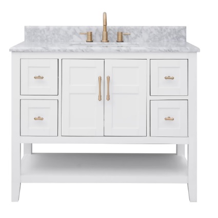 A white bathroom vanity with six drawers and center doors, featuring a marble countertop and gold faucet.