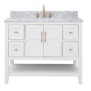 A white bathroom vanity with six drawers and center doors, featuring a marble countertop and gold faucet.