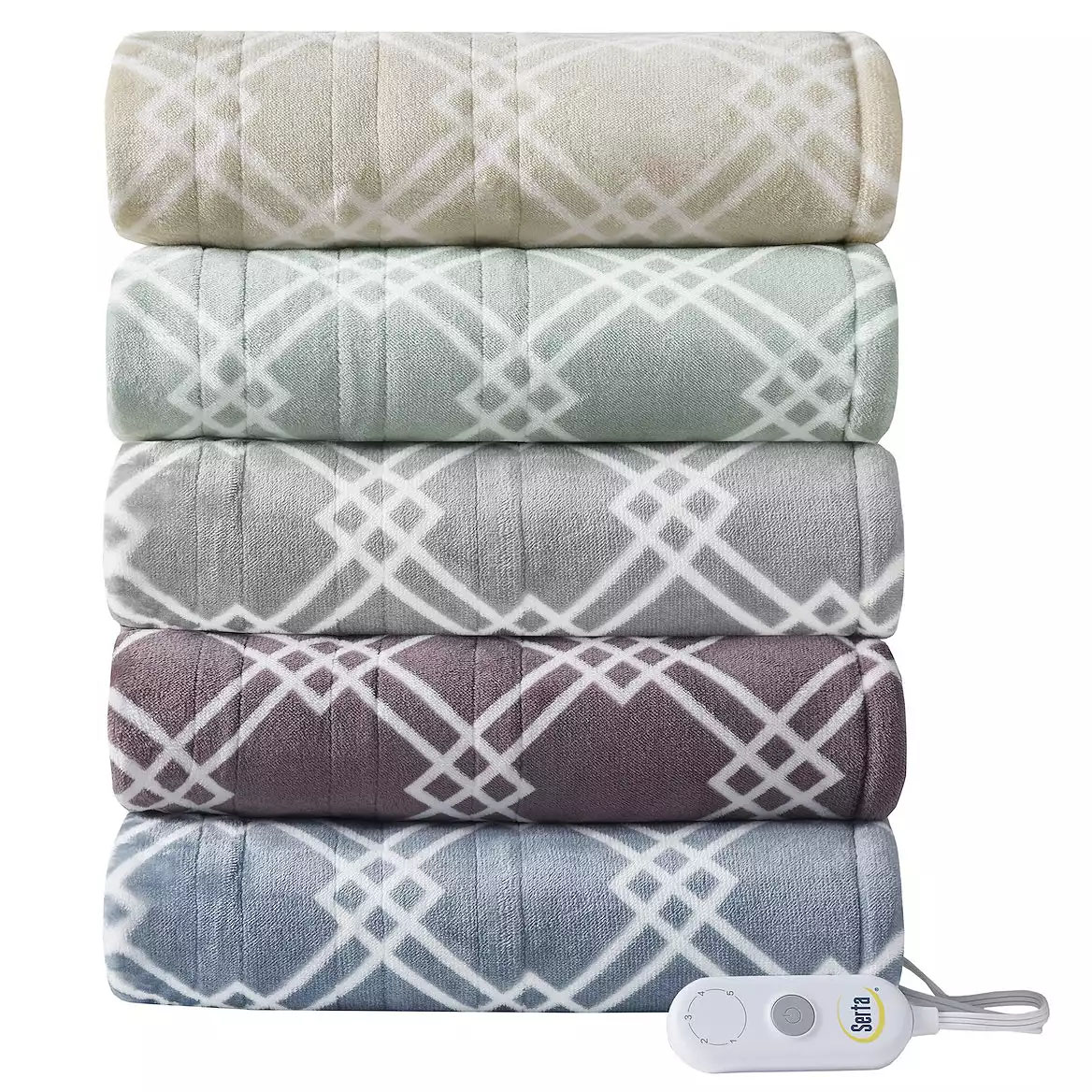 Five Serta Sherpa Heated Throws are stacked, each featuring a geometric pattern in different colors, accompanied by a white control device with a power button.