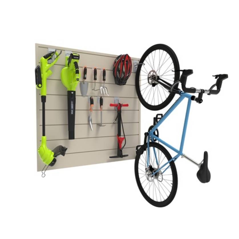 A wall-mounted storage system featuring hooks and racks for organizing tools, a bike, and accessories, like a helmet and gardening equipment.