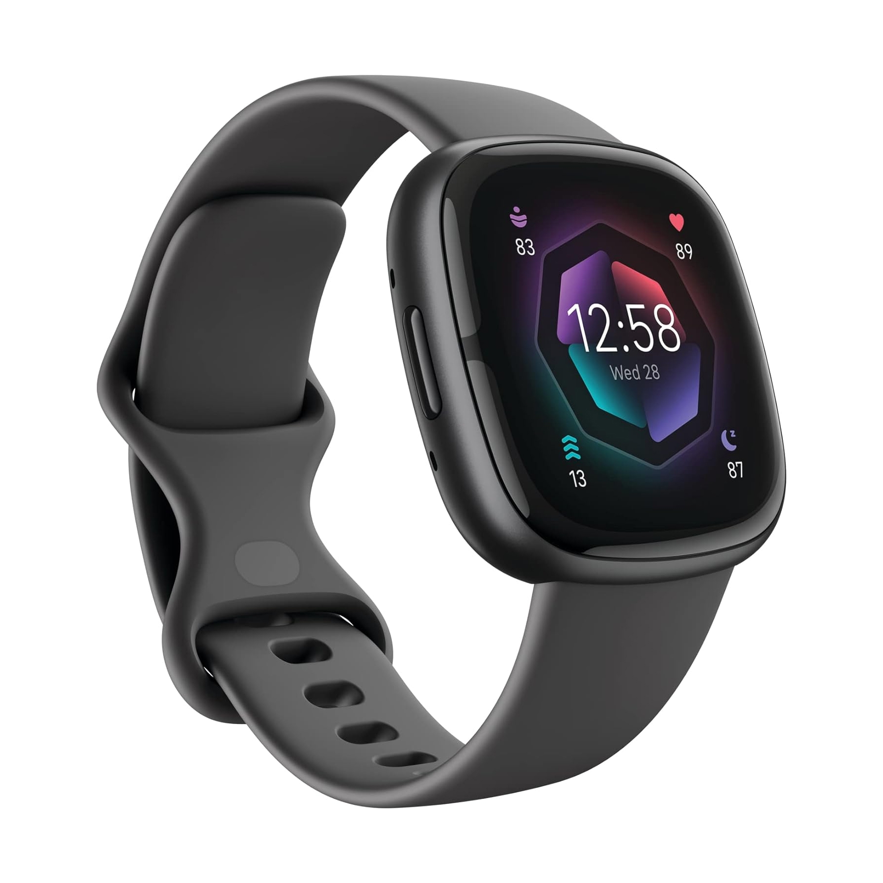 Smartwatch with a black strap, displaying time and health metrics on the screen.