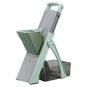 The Deluxe Mandolin Slicer is a vertical slicer with a handle and a funnel-like attachment for feeding vegetables. It features an adjustable blade, collection container, and sturdy stand for stability during use.