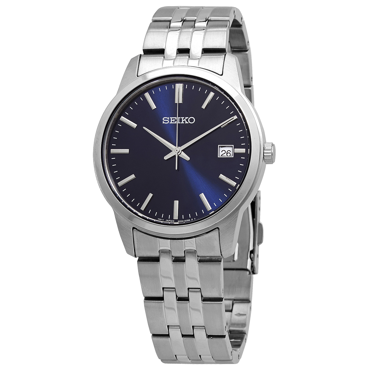 Seiko Men's Essentials Quartz Watch features a sleek blue dial, silver-tone hands and hour markers, a date window at 3 o'clock, and a stainless steel bracelet with a deployment clasp.