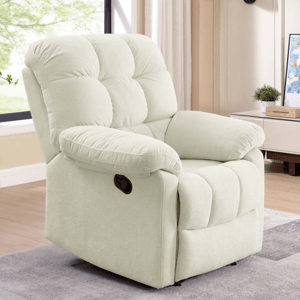A cream-colored recliner chair with a plush, tufted design and a manual lever on the side, situated in a cozy living room setting with a window and decorative elements.