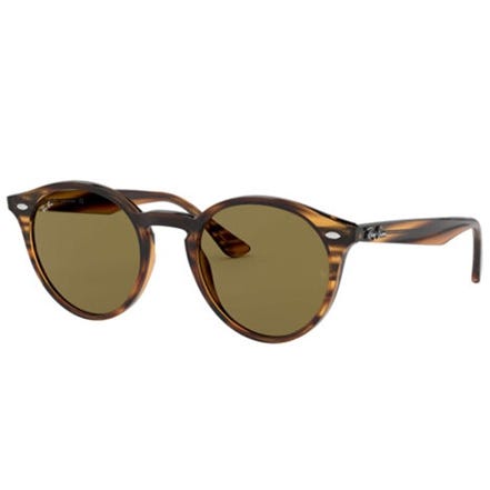 Ray-Ban Unisex 2180 Round Sunglasses feature a tortoiseshell frame with green lenses, a keyhole bridge, and metal rivet accents on the front, offering a classic and versatile style.