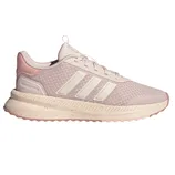 Pink Adidas running shoe with a mesh upper, three side stripes, and a Cloudfoam sole for comfort.